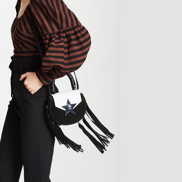 SALAR MILANO MIMI STAR FRINGE BAG, BLACK SUEDE WHITE CALFSKIN Rare COLOR COMBO - Picture 14 of 14